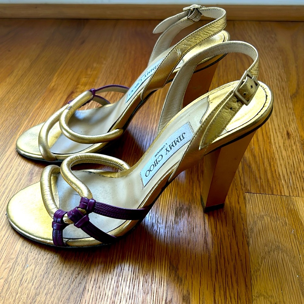 Gold Jimmy Choo Heels with Ankle Strap and Purple Detailing